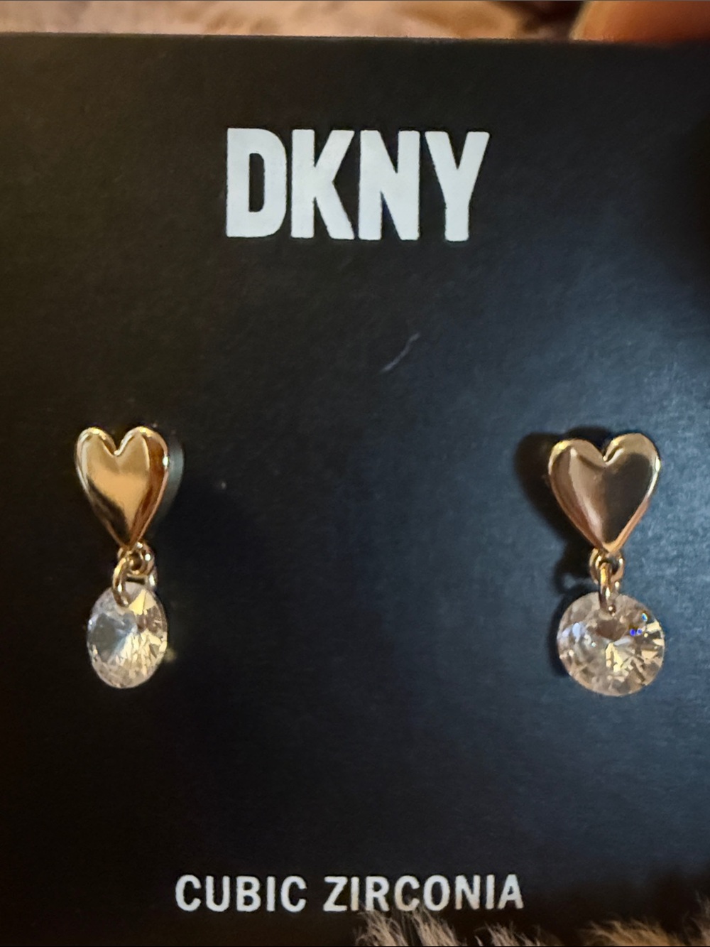 DKNY Gold Heart Drop Earrings with Clear Cubic Zirconia